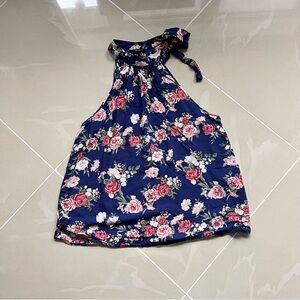 Vintage Forever 21 Navy Blue Floral Halter‎ Top with Neck Tie- Size M